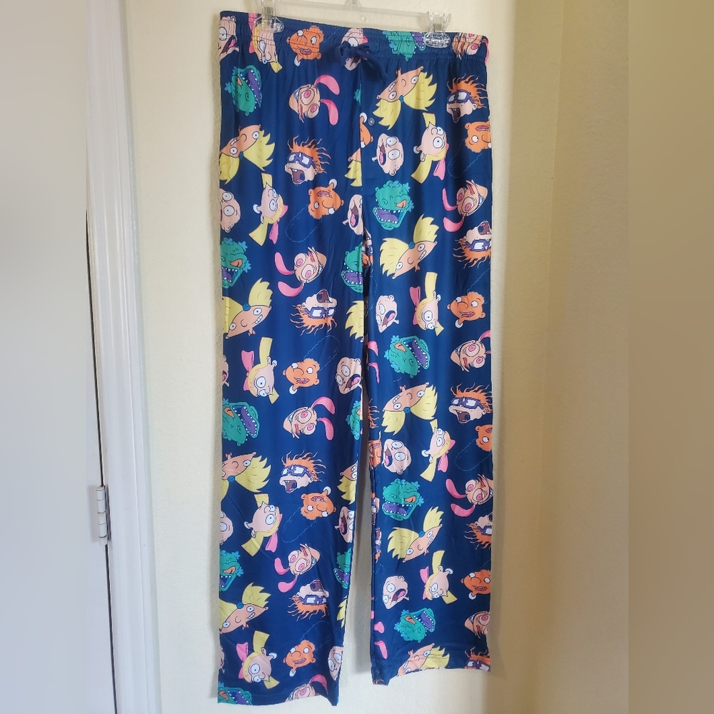 Nickelodeon Navy Cartoon Character Pajama Bottoms Reptar Tommy Arnold Ren Etc